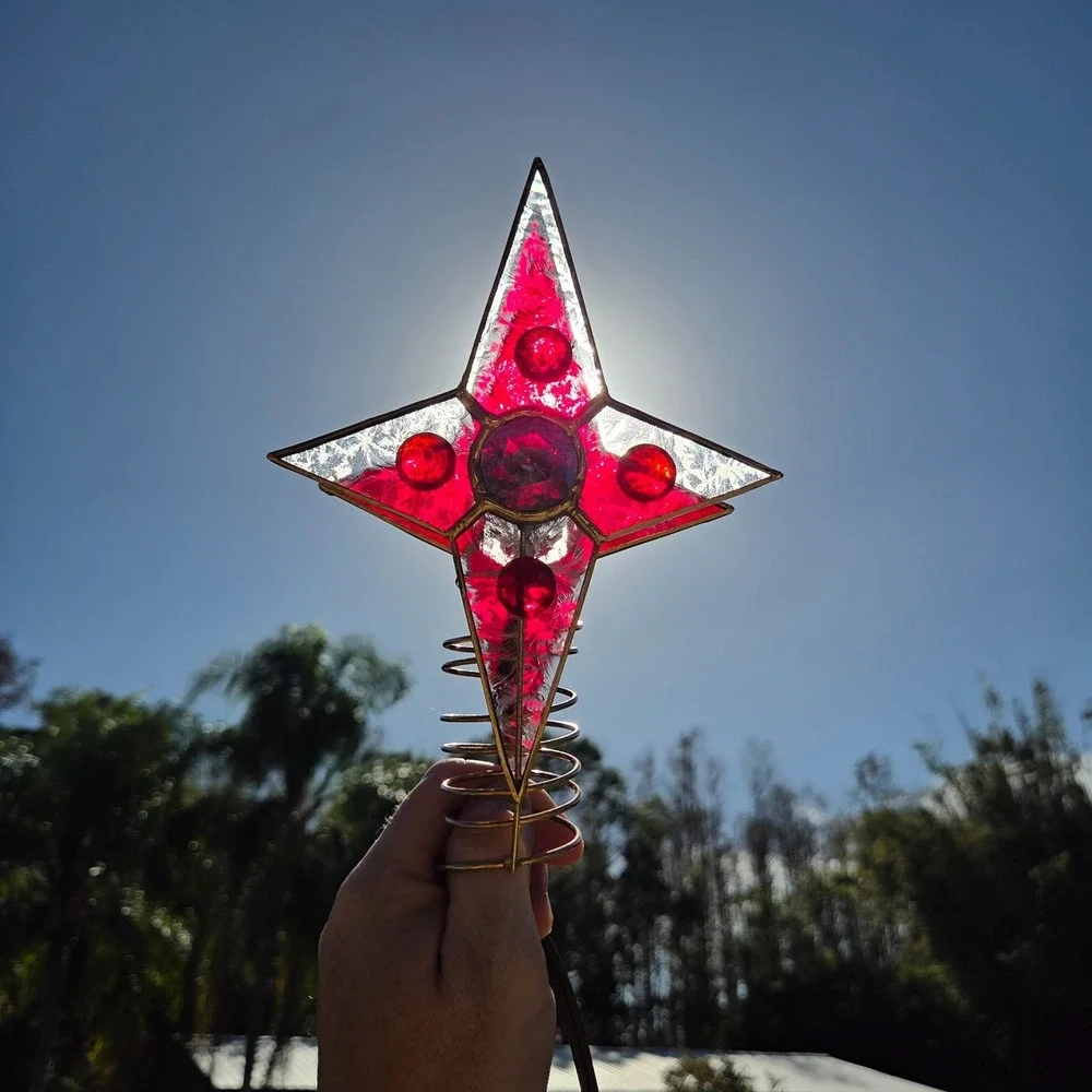 Vintage Tiffany Style‎ Stained Glass Christmas Tree Topper Lighted Red Gold